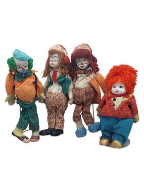 Vintage Collectible Porcelain Clown Dolls w/ Stands Set of 4